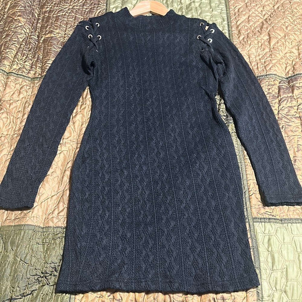 Women black sweater mini dress with lace on shoulders